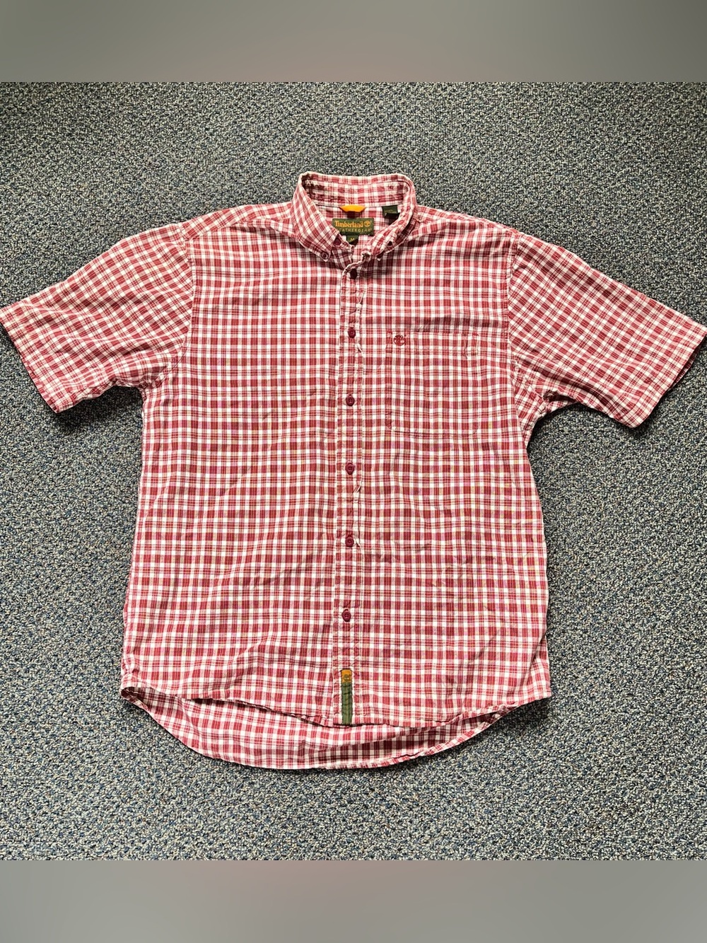 Timberland Red and White Plaid Short-Sleeve Button-Down Shirt